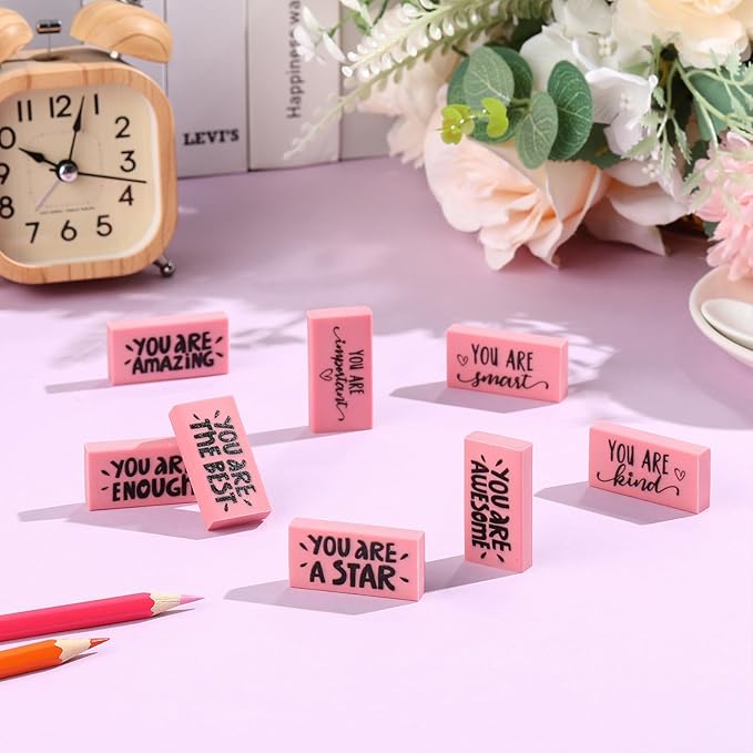 PerKoop 50 Pcs Pcs Inspirational Pink Erasers Bulk Small Motivational Block Pencil Erasers Back to School Gifts for Classroom Students Teachers Office Stationery Supplies-DeskLoop Office