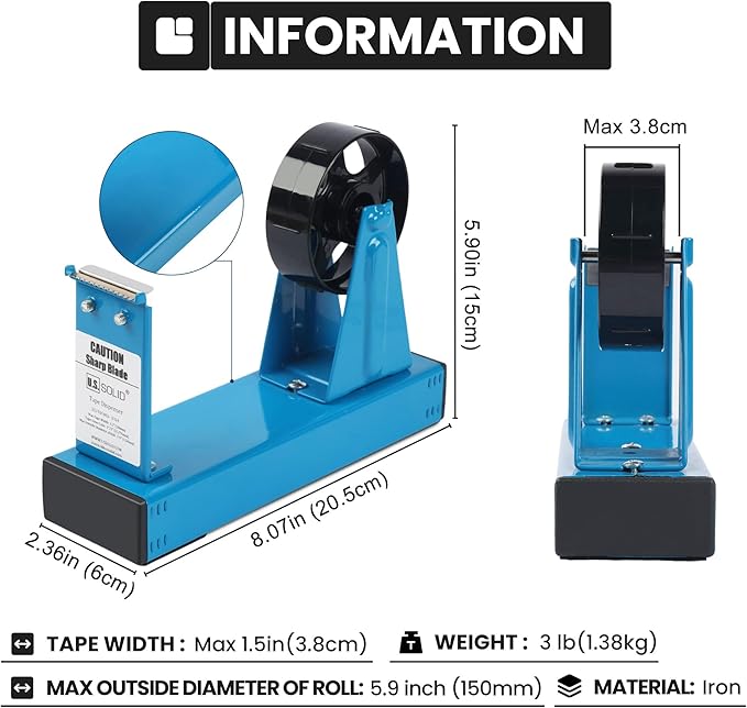 U.S. Solid Desktop Multi-Roll Tape Dispenser - 1.5 Inch Wide, 1 or 3 Inch Core, Iron, Blue-DeskLoop Office