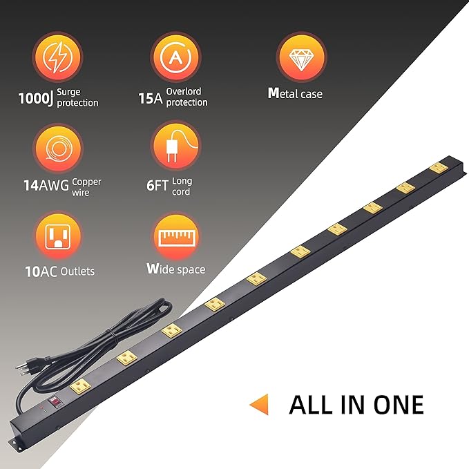 10 Outlet Long Power Strip Surge Protector, Heavy Duty Industrial Metal Power Strip 6 Feet, Wall Mountable, for Work Bench, Shop, Garage, Black (1000 Joules)-DeskLoop Office