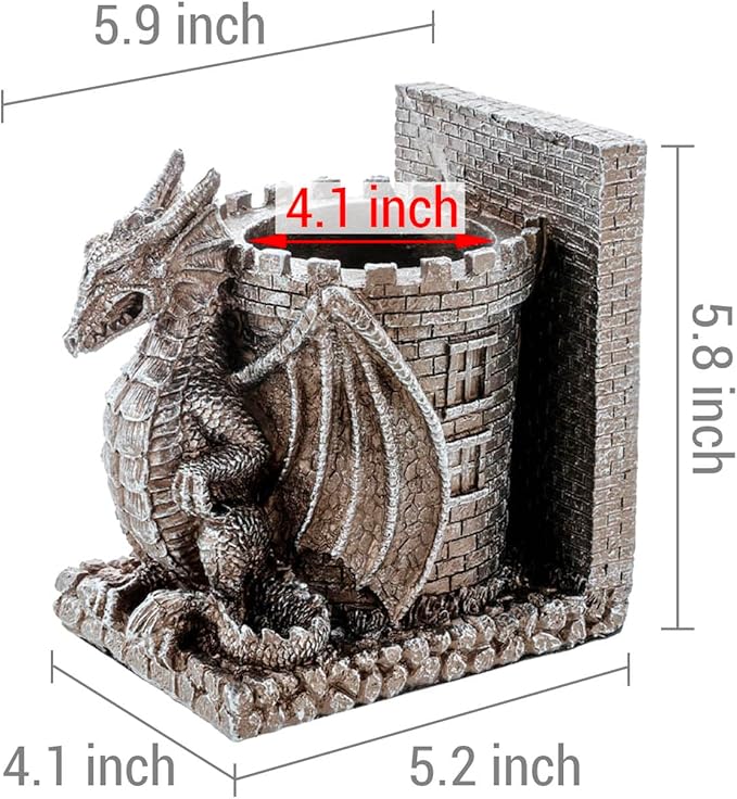 MyGift Gothic Brown Resin Dragon Guarding Castle Pencil Cup Bookends, Office Desk Book Ends with Decorative Fantasy Dragons and Stone Tower Pen Holders, 1 Pair-DeskLoop Office