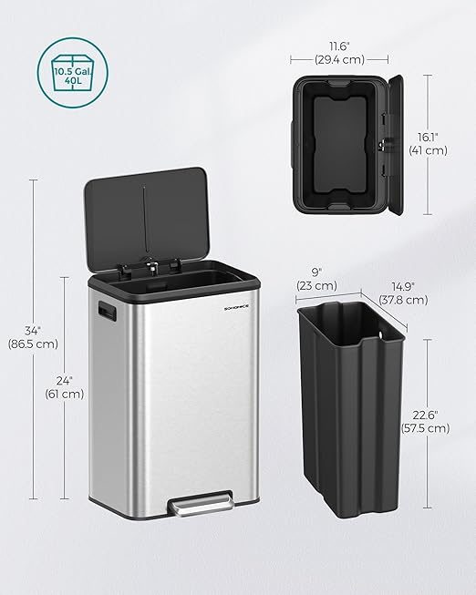 SONGMICS Kitchen Trash Can, 10.5-Gallon (40L) Garbage Can with Lid and Wide Foot Pedal, Soft Close and Stays Open, Silver ULTB541E40-DeskLoop Office