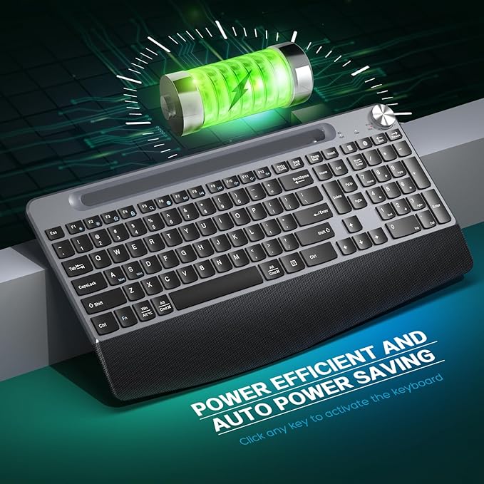 JOYACCESS Ergonomic Wireless Keyboard with Wrist Rest, Low-Profile,Phone Holder,2.4GHz Full Size Silent Cordless USB Computer Keyboard for Windows, Mac OS Desktop/Laptop/PC-Black Grey-DeskLoop Office