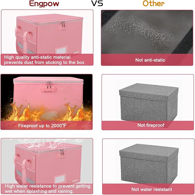 ENGPOW File Box with Lock, Fireproof Document Box with Pockets, Collapsible File Organizer Filing Storage Cabinet with Handle, Portable Home Office Safe for Hanging Letter/Legal Folders, Pink, 2 Pack-DeskLoop Office