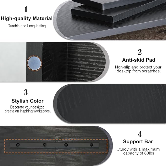 TEAMIX 2 Tiers Wooden Desktop Monitor Stand Riser 20 Inch Printer Stand with Double Storage Small TV Riser Laptop Keyboard Holder Business Desk Organizer Shelf Black Bookshelf-DeskLoop Office