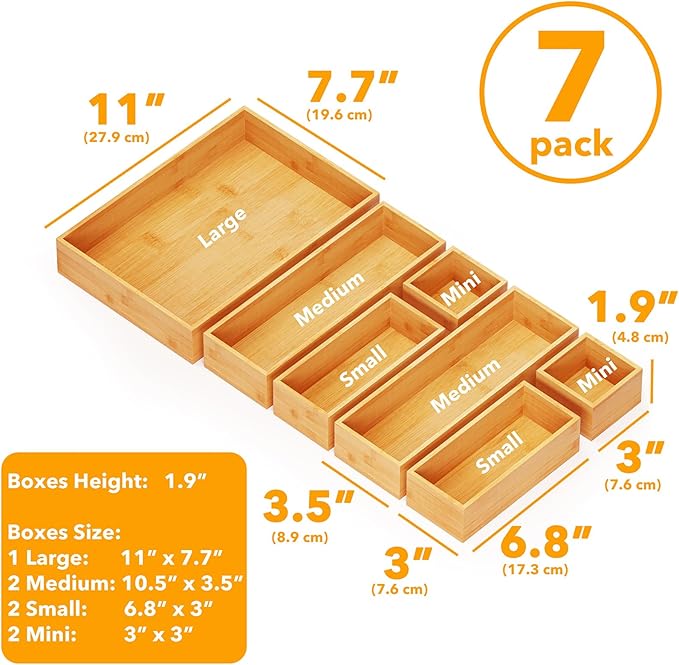 SpaceAid 7-Piece Bamboo Drawer Organizer Storage Boxes Set, Wood Tray Junk Drawer Organizers Multi-Use Divider Bins for Kitchen, Bathroom, Office Desk and Makeup Organization (7 Pack, Natural)-DeskLoop Office
