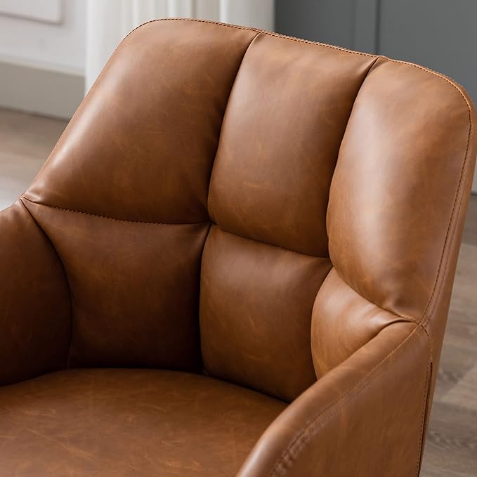 VESCASA Adjustable Home Office Desk Chair with Comfy Square Tufted Mid-Back, Faux Leather 360 Swivel Upholstered Task Armchair with Wheels for Teens Bedroom/Living Room, Brown-DeskLoop Office