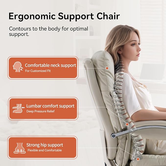 LEAGOO Office Chair with Foot Rest, Ergonomic Executive Office Chair with Arms, Reclining High Back PU Leather Comfy Swivel Computer Desk Chairs with Wheels and Lumbar Support for Home Office, Cream-DeskLoop Office