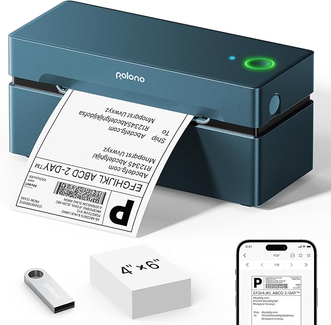 POLONO Bluetooth Thermal Shipping Label Printer, Wireless 4x6 Shipping Label Printer for Small Business, Support iOS, Android, Windows and Mac, Compatible with Amazon, Ebay, Shopify, 1 Pack (Blue)-DeskLoop Office