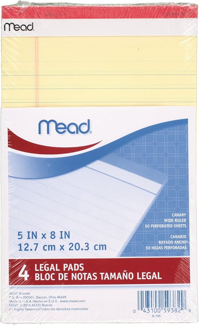 Mead Canary Junior Legal Pads, 5 x 8 Inch, 4 Pack 50 Sheets - Image 5