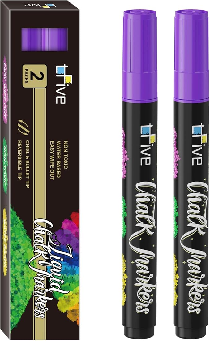 TFIVE Purple Liquid Chalk Markers - 2 Pack Bright Colors Erasable Chalk Marker Pens, Reversible Tip, Non-Toxic, for Chalkboards, Signs, Glass, Easy to use Chalk markers TF800-DeskLoop Office
