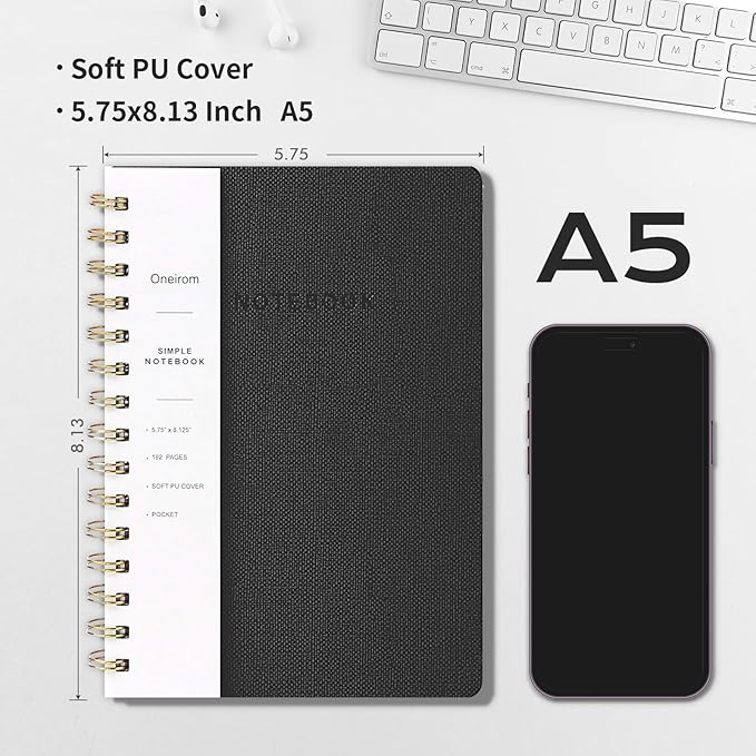 Lined Spiral Notebook College Ruled A5 Journal Book for Note Taking, 160 Pages Writing Journal for Office and Home School Supplies 5.75x8.125 inch (3pack-Black)