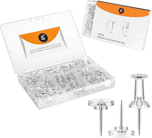 150 Pack Assorted Clear Push Pins by Luxurecourt for Bulletin Board, Wall Hanging, Cork Board, Shadow Box Display - Includes Flat Head Thumbtacks & Standard Pushpins in Plastic Resuable Storage Box.-DeskLoop Office