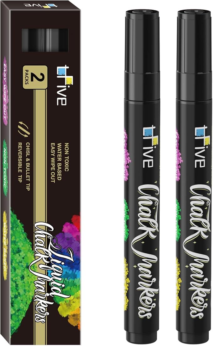TFIVE Black Liquid Chalk Markers - 2 Pack Bright Colors Erasable Chalk Marker Pens, Reversible Tip, Non-Toxic, for Chalkboards, Signs, Glass, Easy to use Chalk markers TF800-DeskLoop Office