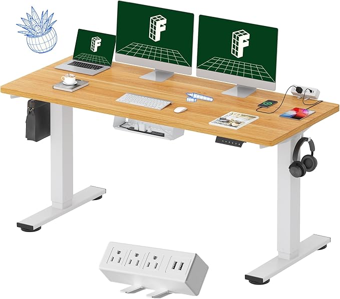 FLEXISPOT EN2 Whole-Piece Standing Desk with Clamp Power Strip, 60 x 24 Electric Stand Up Height Adjustable Desk with Cable Management (White Frame + 60" Maple Top, 2 Packages)-DeskLoop Office