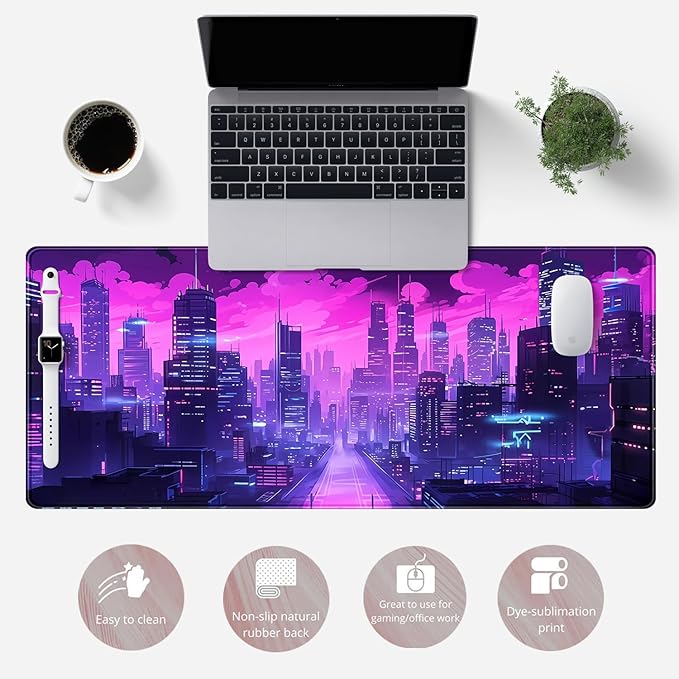 Desk Pad Cyberpunk Purple Desk Mat City Skyline Gaming Extended Mouse Pad Big Office Keyboard Pc Laptop for Women Large Mousepad with Stitched Eges Non-Slip Base Mouse Keyboard Mat 31.5x11.8 in-DeskLoop Office