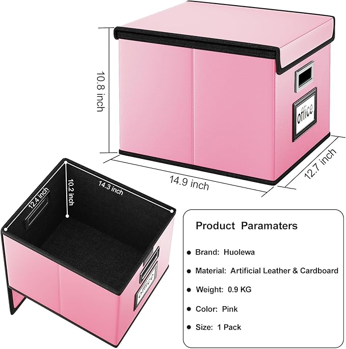 Huolewa File Organizer Box with Lid, Collapsible Leather File Folder Organizer for Office Document Storage, Filing Box with Plastic Slide for Letter/Legal Size Hanging Files, Pink-DeskLoop Office