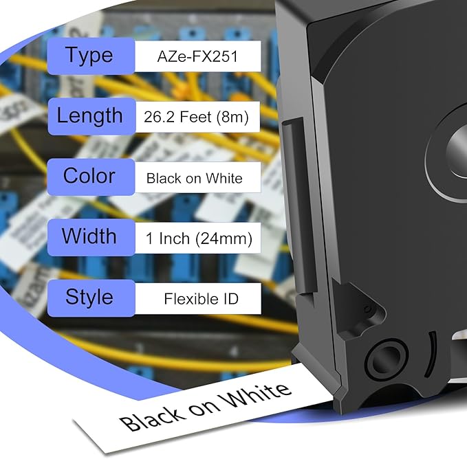 2PK TZe-FX251 1" Compatible for Ptouch Flexible ID Laminated Tape TZ-FX251 24mm 0.94 White Cable Wire Labels Tape for PT-D600 PT-D610BT PT-P710BT P700 Label Maker-DeskLoop Office