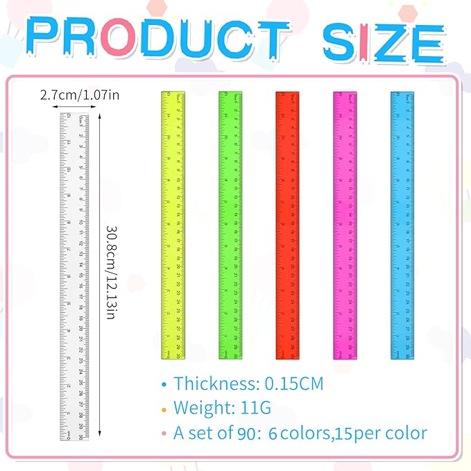 90 Pack Color Transparent Ruler Bulk 12 Inch Clear Plastic Rulers Kids Ruler with Centimeters and Inches Straight Measuring Drafting Tools for Classroom School Students Families Education-DeskLoop Office