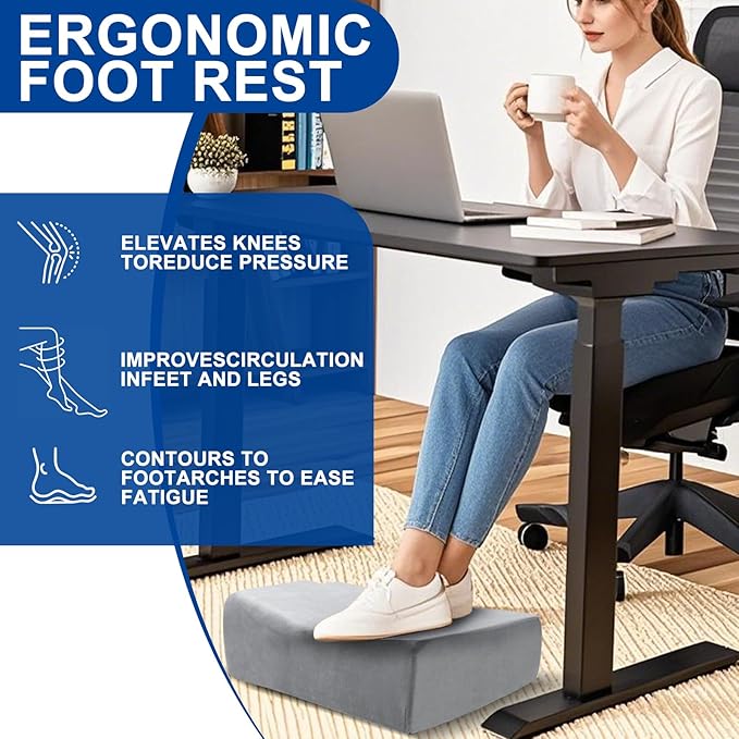 Adjustable Foot Rest for Under Desk at Work - 3 Height Ergonomic Footrest, 17x11 Inch Office Foot Stool, Soft Velvet Cushion, Non-Slip Base for Home & Office - 100% Memory Foam Filling-DeskLoop Office