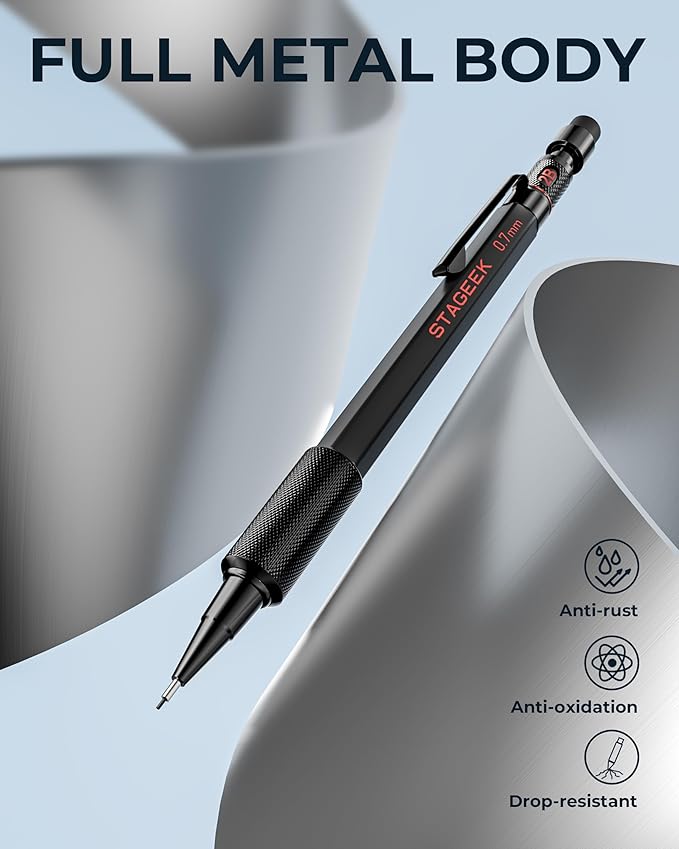 Mechanical Pencils 0.7mm with Case, Metal Weatherproof Body Outdoor Artist Mechanical Pencil with 120 PCS HB & 2B Lead Refills, Eraser, for Writing Drafting Drawing and Sketching-DeskLoop Office