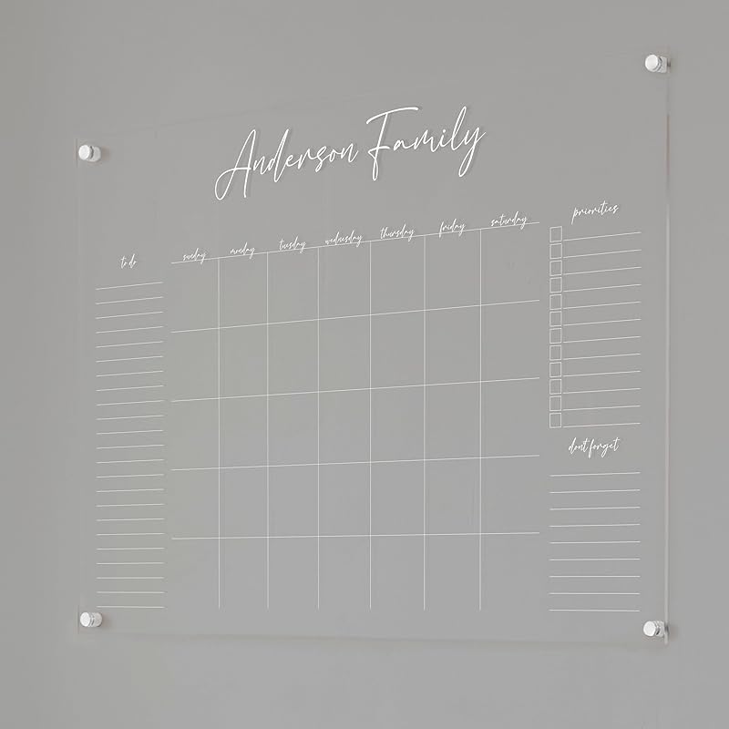Personalized Clear Acrylic Calendar for Wall, Calendar Whiteboard for Wall, Dry Erase Wall Calendar, Wall Calendar Organizer System for Home (Cursive, White, 38"W x 26"H)-DeskLoop Office