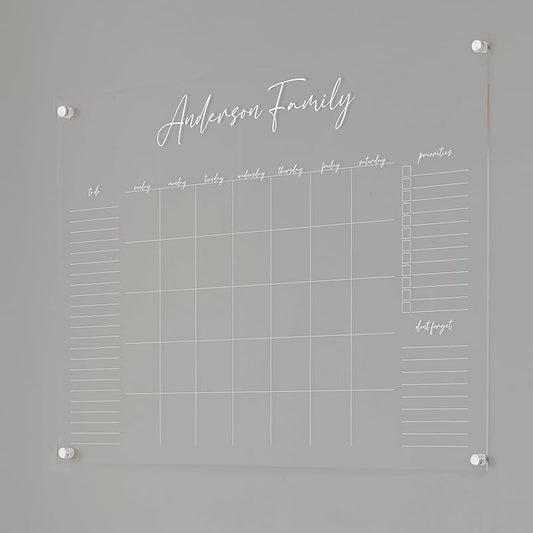 Personalized Clear Acrylic Calendar for Wall, Calendar Whiteboard for Wall, Dry Erase Wall Calendar, Wall Calendar Organizer System for Home (Cursive, White, 38"W x 26"H)-DeskLoop Office
