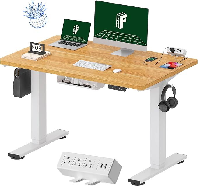 FLEXISPOT EN2 Whole-Piece Standing Desk with Clamp Power Strip, 48 x 30 Electric Stand Up Height Adjustable Desk with Cable Management (White Frame + 48" Maple Top, 2 Packages)-DeskLoop Office