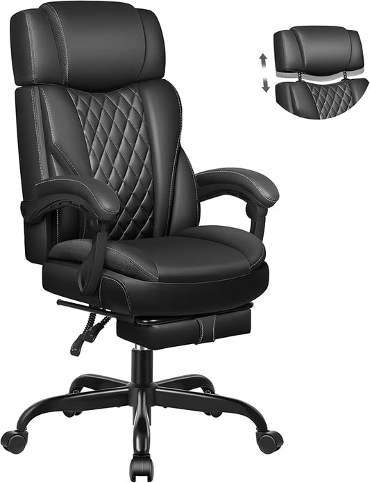 Executive Leather Office Chair, Big and Tall Office Chair with Footrest Home Office Desk Chairs, Ergonomic Computer Desk Chair with Lumbar Support, Reclining Desk Chair with Adjustable Angle-DeskLoop Office