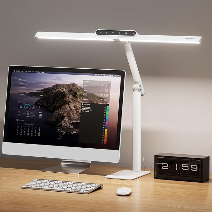 Honeywell LED Desk Lamp with Base - HJ1WT Sunturalux Eye-Caring Architect Desk Lamp for Home Office, 1200LM Computer Desk Light 4 Color Modes Stepless Dimming Task Desk Light with Timer Function White-DeskLoop Office