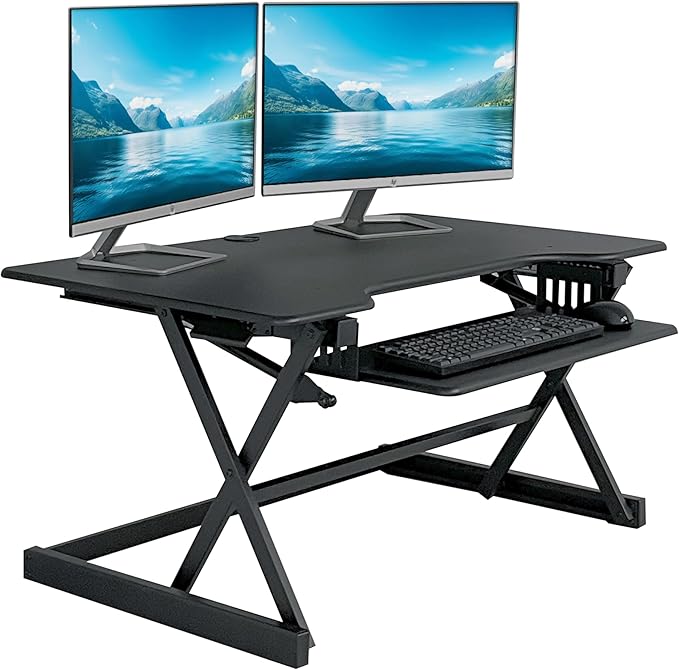Rocelco 40" Height Adjustable Standing Desk Converter with AC Outlet and USB Charger - Gas Spring Sit Stand Up Dual Monitor Tabletop Riser Workstation - Large Keyboard Tray - Black (R DADRB-40-ACUSB)-DeskLoop Office