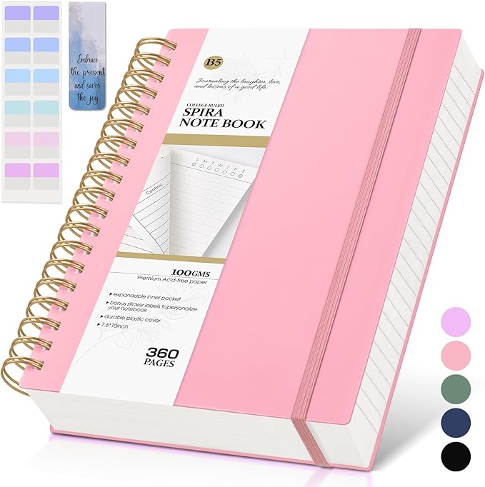 Pink Spiral Notebook Journal, 360 Pages College Ruled Notebooks, Lined Thick Journals for Women Men,B5 Big Spiral Notebooks with 100GSM Paper, Spiral Bound Journal for Writing Work School 7.6"×10"-DeskLoop Office