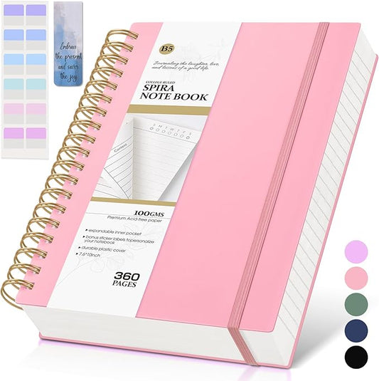 Pink Spiral Notebook Journal, 360 Pages College Ruled Notebooks, Lined Thick Journals for Women Men,B5 Big Spiral Notebooks with 100GSM Paper, Spiral Bound Journal for Writing Work School 7.6"×10"-DeskLoop Office