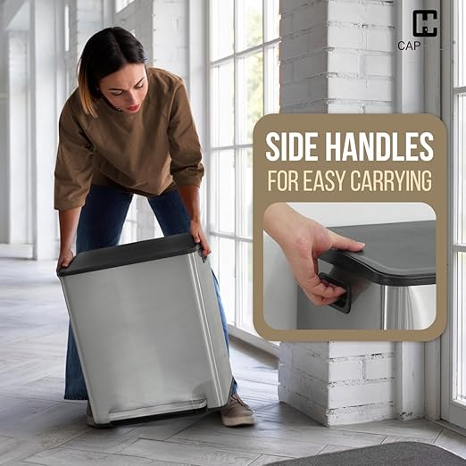 CAPHAUS Dual Trash Can with Lid, Trash and Recycling Bins Combo for Kitchen, Hands-Free Stainless-Steel Garbage Can with 2 Compartment, Hinged Lid, Odor Filter, Handles, 25L+25L, 2 x 6.6 Gallon-DeskLoop Office