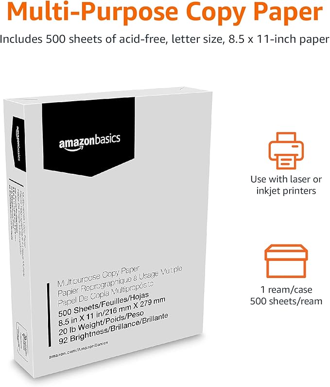 Amazon Basics Multipurpose Copy Printer Paper, 8.5 x 11 Inches, 20 lb, 1 Ream, (500 Sheets), 92 Bright, White-DeskLoop Office