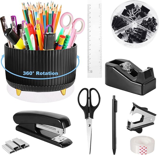 Black Desk Organizers and Accessories 10Pcs Set with 360-Degree Rotating Pen Holder, Tape Dispenser, Stapler, Staple Remover, 1000 Staples, Tape, Clips Set, Ruler, Scissor, Pen (Black)-DeskLoop Office