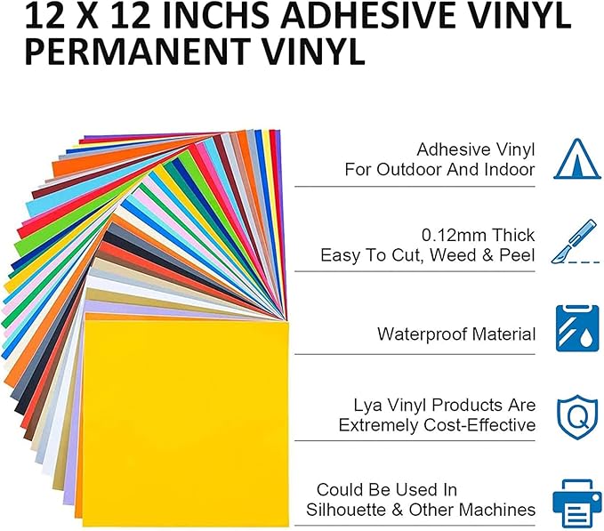 LYA Vinyl 130 Pack Permanent Vinyl - 12 "x12 Self Adhesive Vinyl Sheets,120 Sheets & 10 Transfer Tape Sheets for Cutting Machines and Decor Sticker