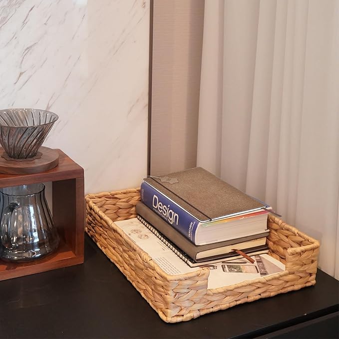 PINXIURY Water Hyacinth Letter Tray for A4 File Desk Mail Letter-Size Paper, Basket Woven Organizer, Magazine Files Storage, Office Document Organizer and Storage-DeskLoop Office