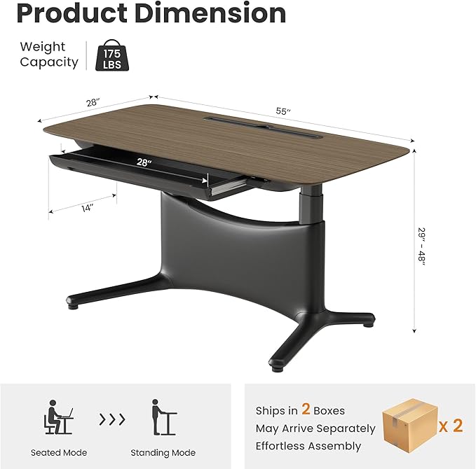 COLAMY Electric Adjustable Standing Desk – 48 x 28 Inch Sit Stand Desk with Drawer & Cable Management, Dual Motor Lift System, Ergonomic Footrest, Home Office Table (Veneer Desktop, Walnut + Black)-DeskLoop Office