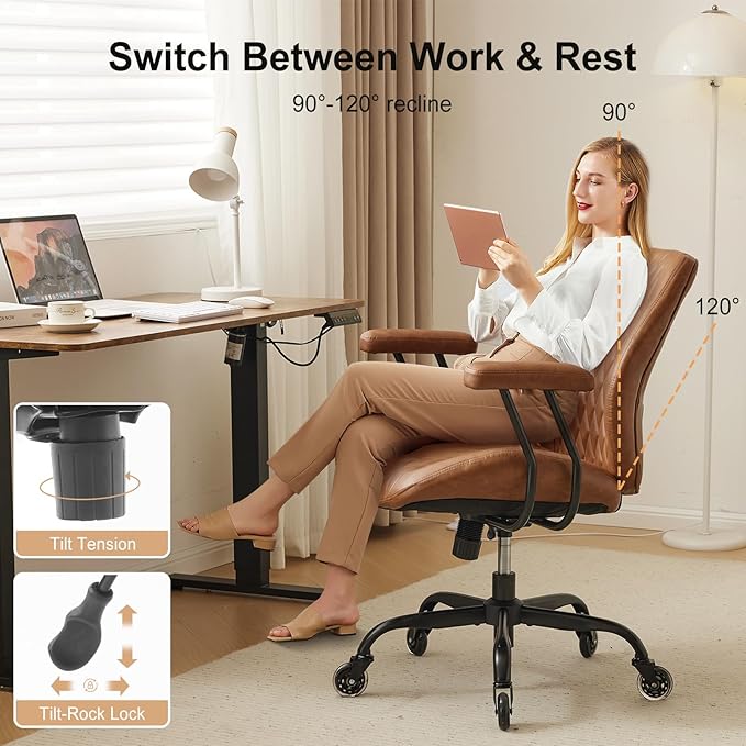 YFO Home Office Desk Chair Office Rubber Casters Ergonomic Computer Chair with Lumbar Support Adjustable Height Rolling Swivel Executive Task Armrests Chair, Brown Leather