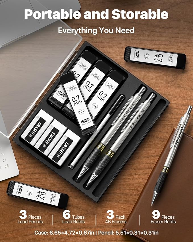 Four Candies Metal Mechanical Pencil Set - 3PCS 0.7mm Art Mechanical Pencils & 360PCS HB Lead Refills & 3PCS Erasers & 9PCS Eraser Refills, Drawing Mechanical Pencils for Writing, Sketching-With Case-DeskLoop Office