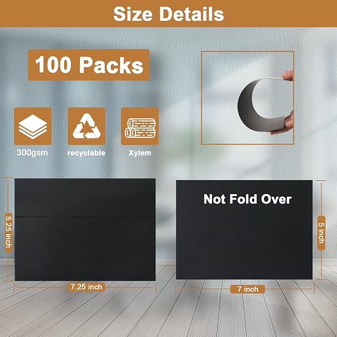 100 Packs Black Blank Greeting Cards and Envelopes 5 x 7 Heavyweight Single Panel Cardstock and A7 Envelopes Self Seal for DIY Wedding Invitations, Party, Thankgiving Cards, Baby Shower