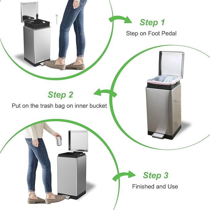 Trash Can with Lid - 30 Liter/8 Gallon Square Stainless Steel Trash Can with Odor Protection Kitchen Garbage Cans with Soft-Close Foot Pedal Step Bin for Bathroom Home Office Silver-DeskLoop Office