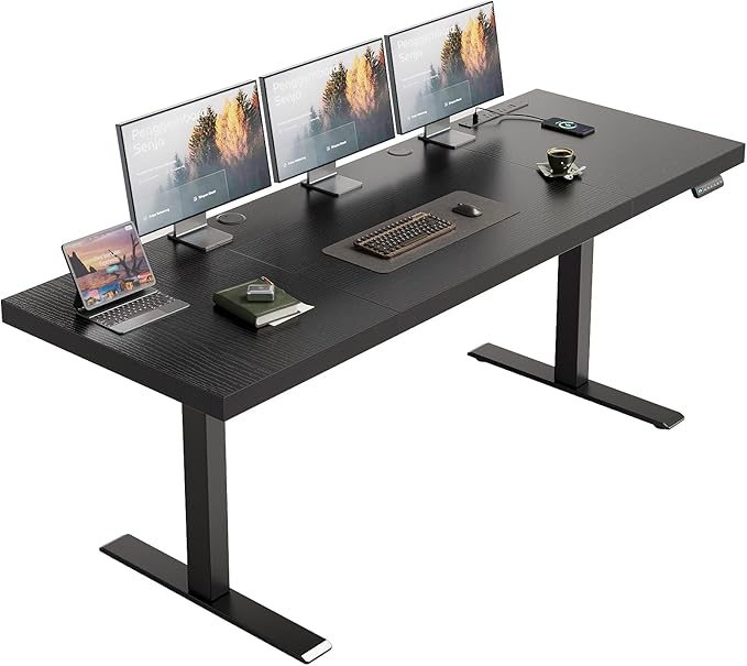 OffiGo Electric Standing Desk with 3-Piece Board, 71 Inch Height Adjustable Large Desk with Power Outlets, Sit Stand Table, Writing Computer Desk for Home, Office, Workstation, Black-DeskLoop Office