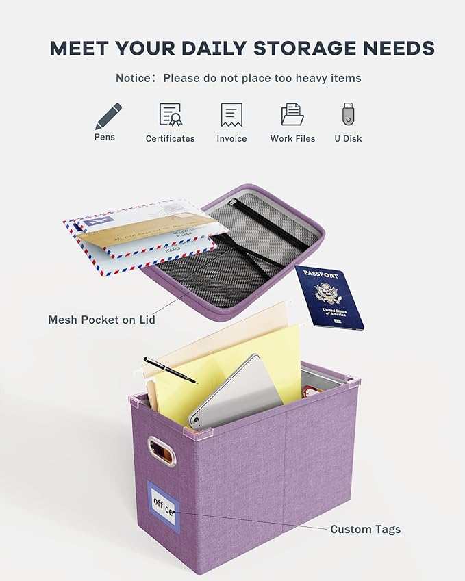 Oterri File Organizer With Lid, Hanging Filing Box With Mesh Pocket, Document Organizer for Letter Files, Portable Storage for Office & Home (2 PCS, Taro Purple)-DeskLoop Office