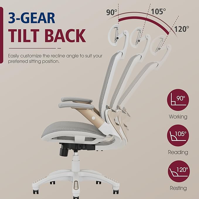 GABRYLLY Ergonomic Office Chair, High Back Home Desk Chair with Headrest, Flip-Up Arms, 90-120° Tilt Lock and Wide Cushion, Big and Tall Mesh Chairs for Man Woman, White Task Chair-DeskLoop Office