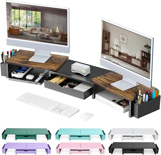gianotter Dual Monitor Stand Riser, Desk Organizer With Drawer and 2 Pen Holders,Computer Monitor Stand, Desk Shelf for Top of Desk, Wood-DeskLoop Office