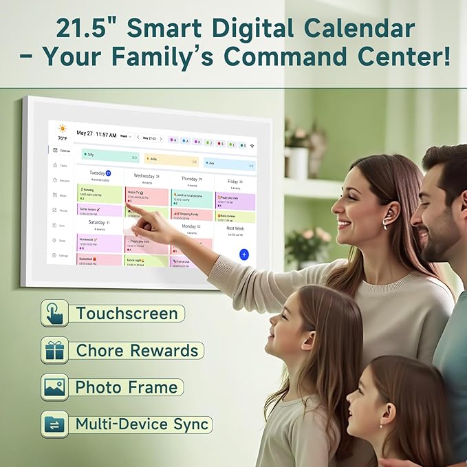 21.5 Inch Smart Digital Calendar β Electronic Chore Chart & Planner with 1920x1080P IPS Touchscreen, Weekly/Monthly Family Organizer for Wall or Desk, White 2025 New Version-DeskLoop Office