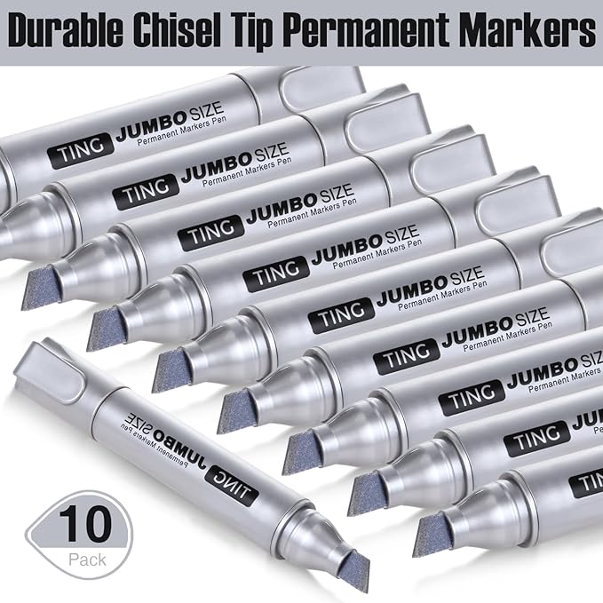 Fuutreo 10 Pack Jumbo Permanent Markers Bulk Large Chisel Tip Permanent Markers Quick Drying Waterproof Big Huge Poster Pens for Office, Logistics Company and More(Silver)-DeskLoop Office