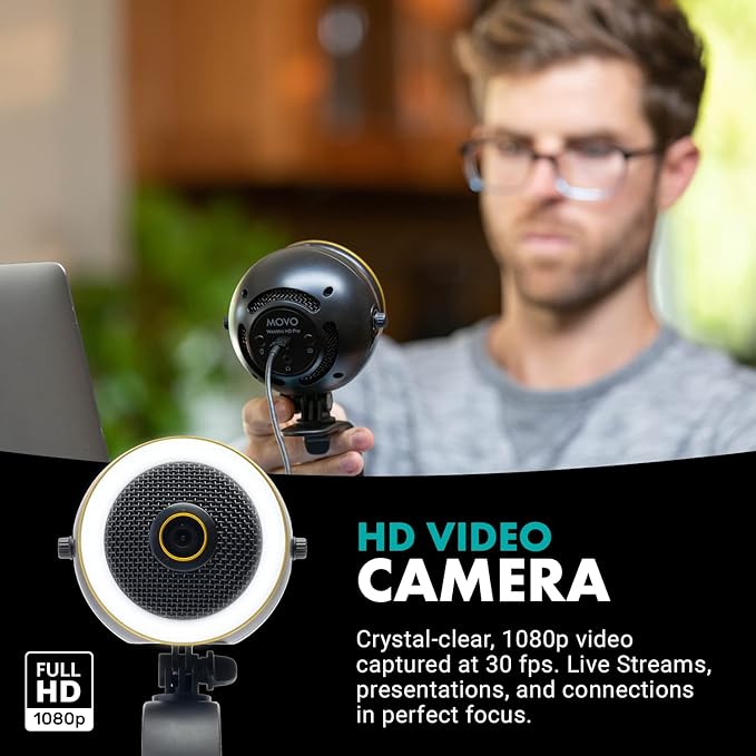 Movo WebMic HD Pro All-in-One Webcam with Microphone and Ring Light- 1080p HD Camera, Pro Cardioid Condenser Microphone, LED Ring Light -HD Webcam for Streaming, Video Conferencing, Recording, Gaming-DeskLoop Office