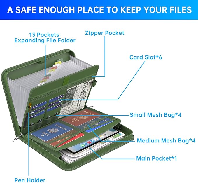 ENGPOW Accordion File Organizer,Fireproof Expanding File Folder with Multi Pockets,13 Pockets Document Organizer with Handle & Labels,Portable Home Travel Safe Storage for Letter A4 Files,Green-DeskLoop Office